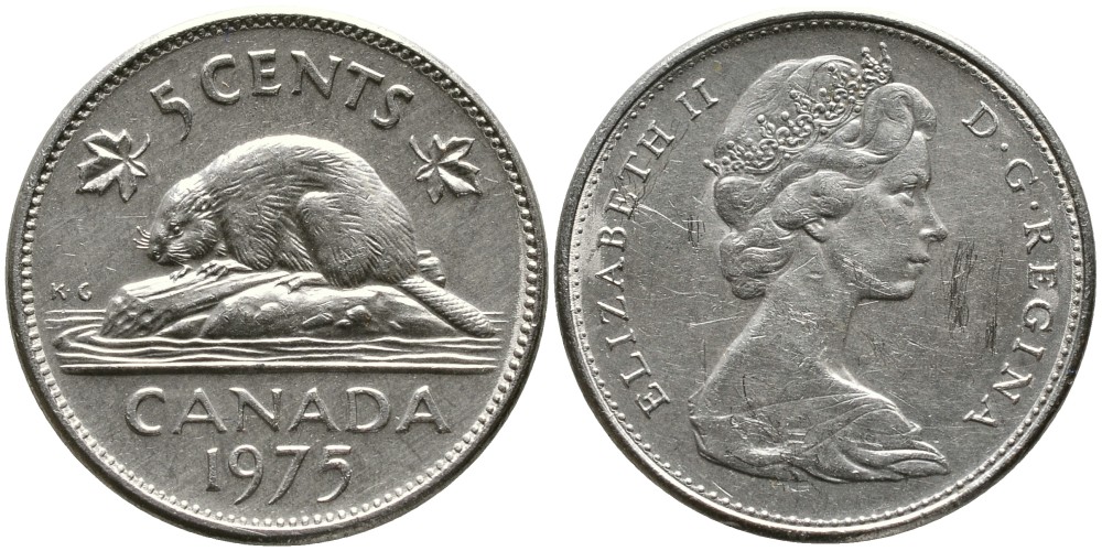 Канада 5 центов 1975 Елизавета II (1952-2022), бобр KM 60.1 никель 4543-645