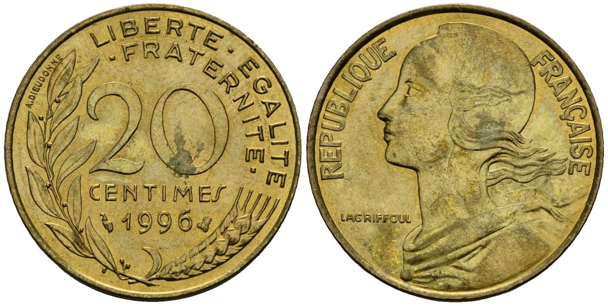 Франция 20 сантимов 1996 тип Marianne KM 930 алюминиевая бронза 4167-543