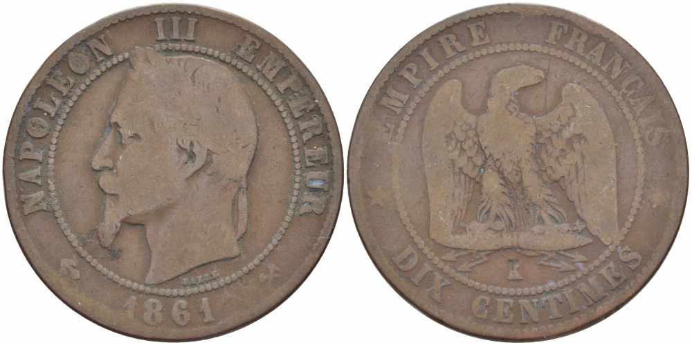 Франция 10 сантимов 1861 K, Наполеон III (1852-1870) KM 798.3, LE FRANC 134.4 бронза 4364-4036