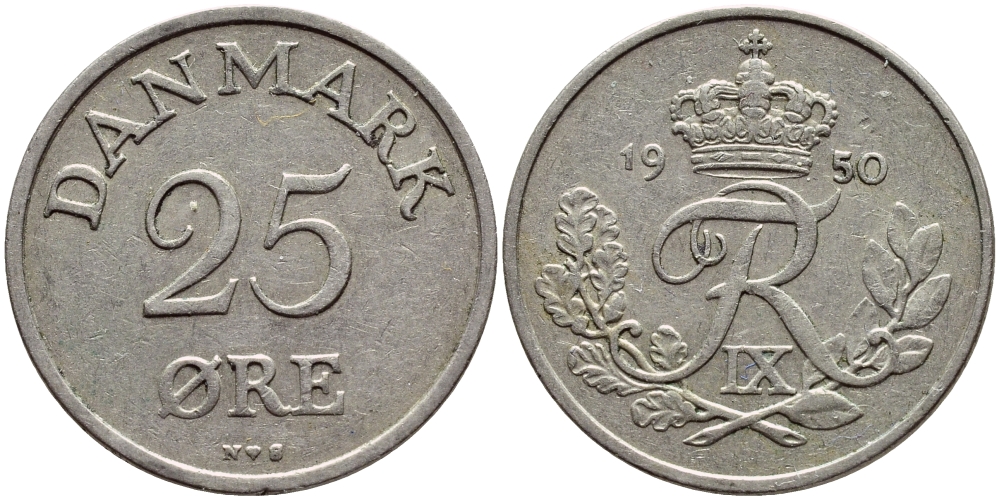 Дания 25 эре 1950 N,S, Фредерик IX (1947-1972) KM 842.1 медно-никель 4398-931