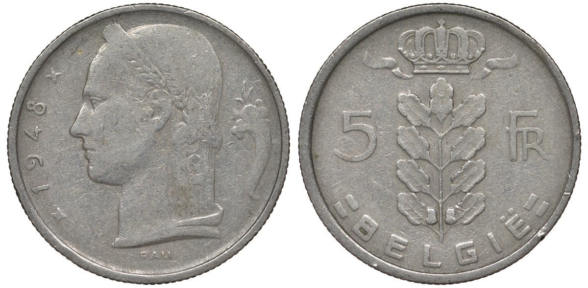 Бельгия 5 франков 1948 BELGIE KM 135 медно-никель 4128-927