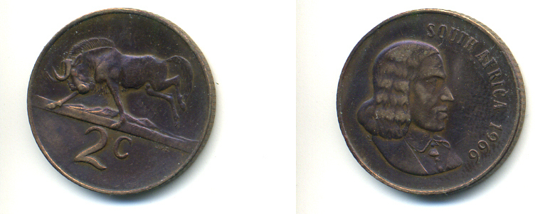 ЮАР 2 цента 1966 Ян ван Рибек (1619-1677), South Africa, легенда на английском, антилопа гну KM 66.1 бронза 83-112
