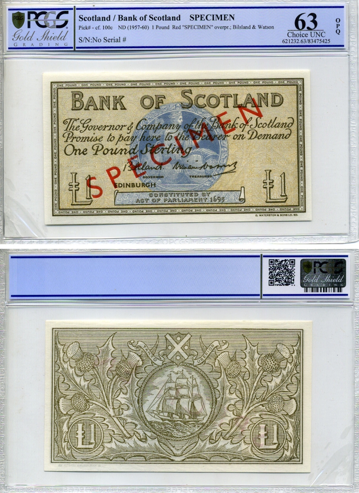 ШОТЛАНДИЯ 1 ФУНТ 1957-1960 SPECIMEN, ОБРАЗЕЦ, в слабе PCGS 63 Choice UNC Pick 100s бумага UNC (ПРЕСС) 00-00