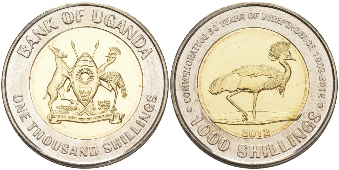 Уганда 1000 шиллингов 2012 50 лет независимости, страус KM 278 биметалл UNC M21-7