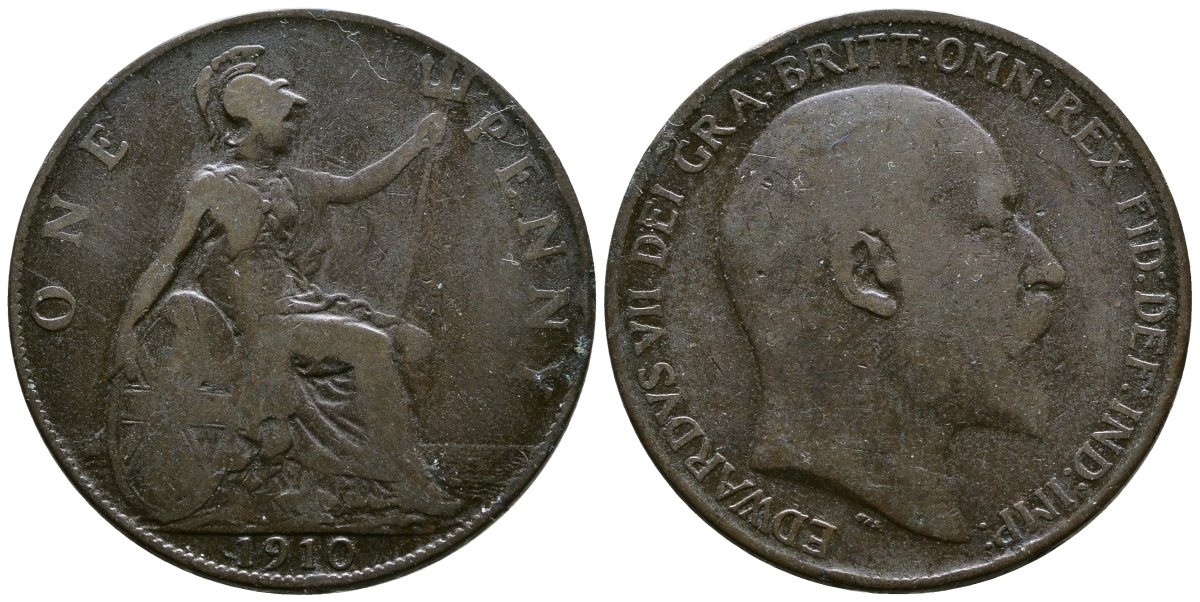 Великобритания 1 пенни 1910 Эдуард VII (1901-1910) KM 794.2, Spink 3990 бронза 37-512