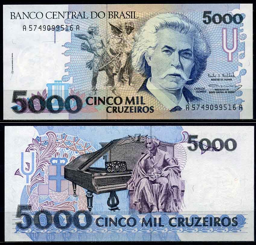 Бразилия 5000 крузейро ND (1990-1993) серия А 5749, Карлось Гомес, музыкант, рояль Pick 232 c бумага UNC (пресс) 2197-45-3-2