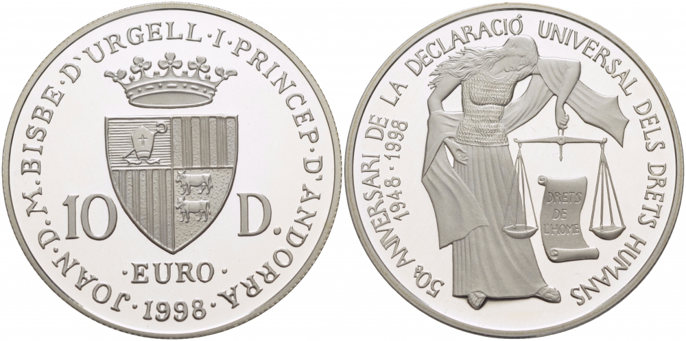 Андорра 10 динеров 1998 50 лет подписанию декларации по правам человека KM 143 серебро PROOF 11-224-35