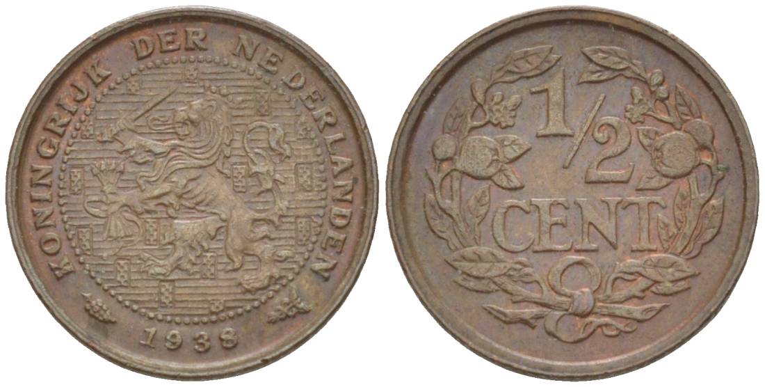 НИДЕРЛАНДЫ 1/2 ЦЕНТА 1938 ВИЛЬГЕЛЬМИНА I (1891-1948) KM 138 бронза 4547-1253