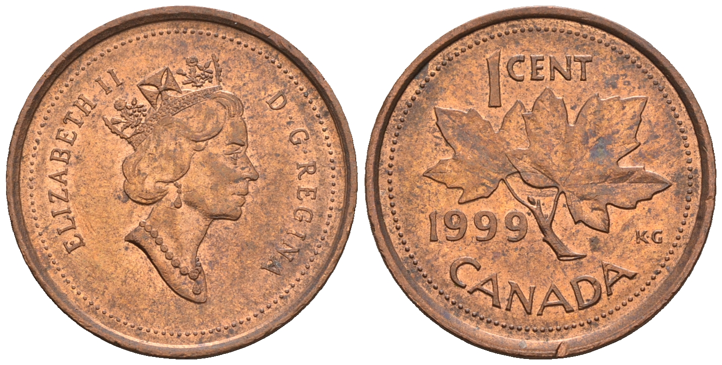 Канада 1 цент 1999 Елизавета II (1952-2022), кленовый лист KM 289 сталь плакированная медью 4609-262