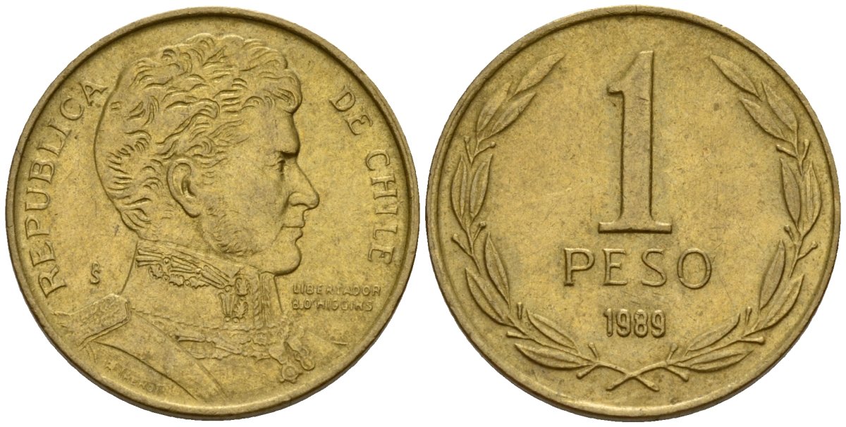 Чили 1 песо 1989 KM 216 алюминиевая бронза 4158-734