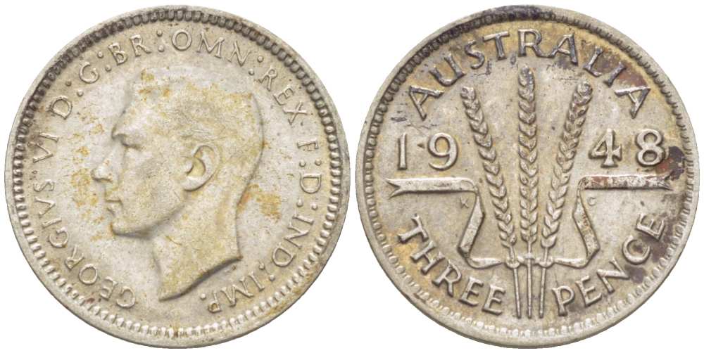 Австралия 3 пенса 1948 m, Георг VI (1937-1952), без букв KM 37а серебро 4516-142