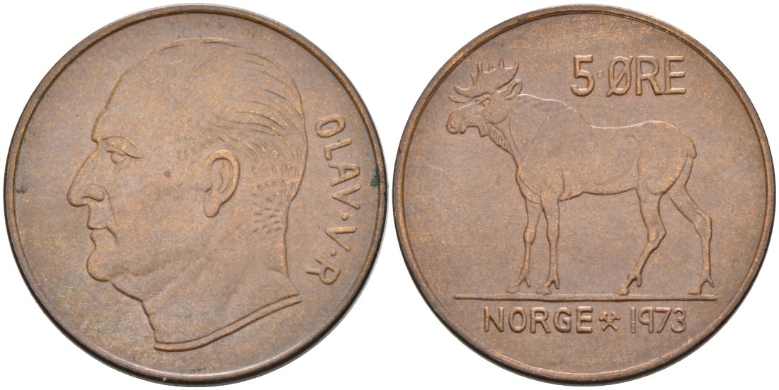 Норвегия 5 эре 1973 ЛОСЬ, Улаф V (1958-1991) KM 405 бронза 4571-831