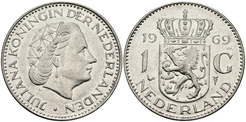 Нидерланды 1 гульден 1969 Юлиана (1948-1980) KM 184a никель 94-615