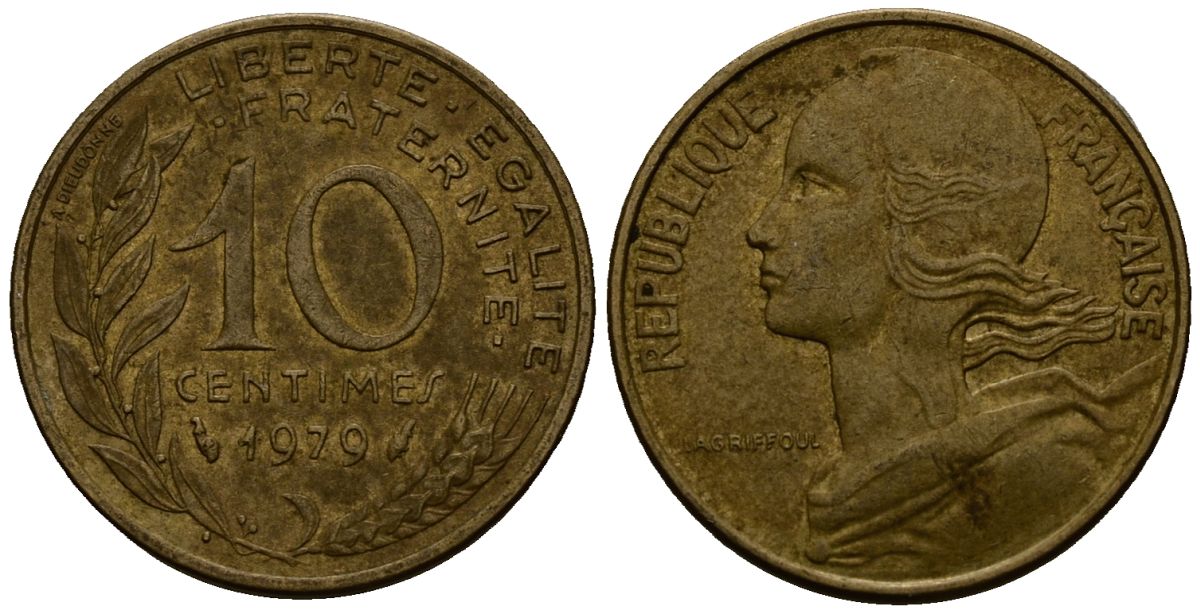 Франция 10 сантимов 1979 KM 929 алюминиевая бронза 4138-341