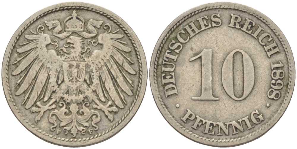ГЕРМАНИЯ 10 ПФЕННИГОВ 1898 F KM 12, J. 13 медно-никель 4401-1033