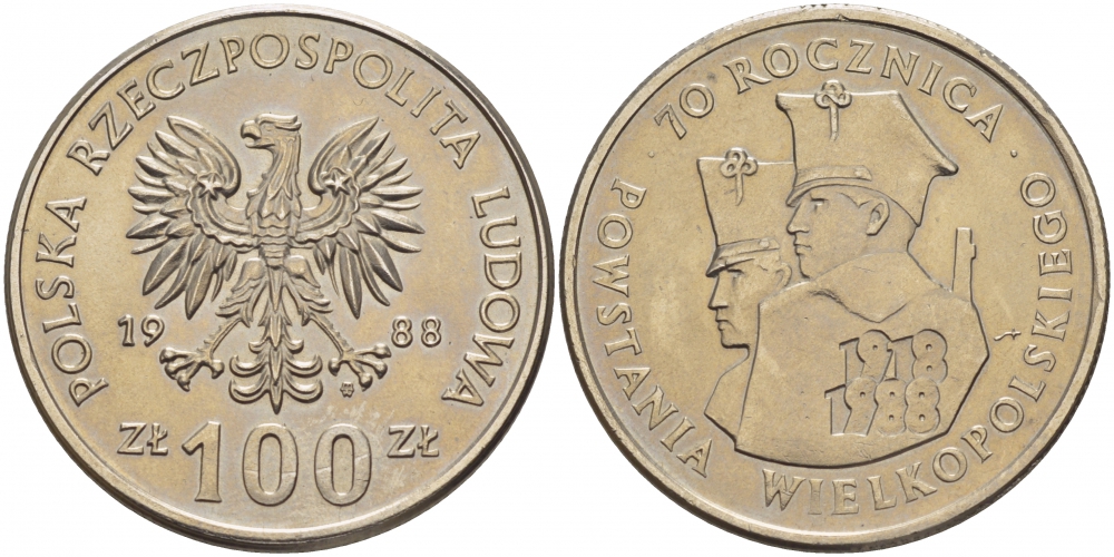 ПОЛЬША 100 ЗЛОТЫХ 1988 MW, 70 ЛЕТ ВЕЛИКОПОЛЬСКОГО ВОССТАНИЯ KM 182 медно-никель UNC 3996-123