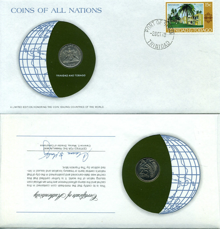Тринидад и Тобаго 25 центов 1976 цветок дикая пуансеттия, КОНВЕРТ С МАРКОЙ ПЕРВОГО ДНЯ ГАШЕНИЯ, COINS OF NATIONS KM 28 медно-никель UNC 4294-49-3