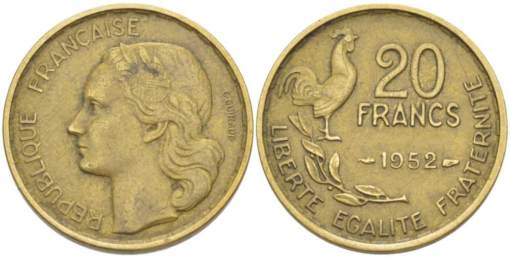 ФРАНЦИЯ 20 ФРАНКОВ 1952 4 ПЕРА KM 917.1, LE FRANC 402.9 алюминиевая бронза 175-646