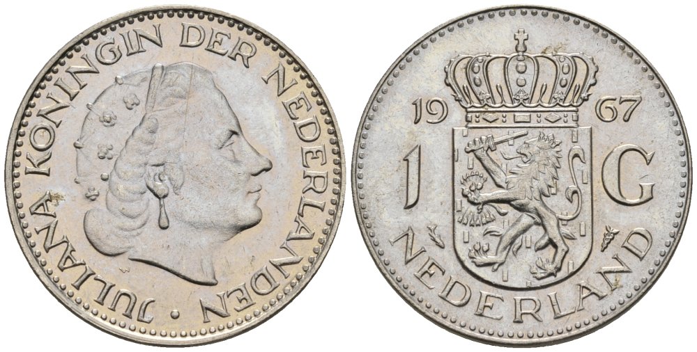 Нидерланды 1 гульден 1967 Юлиана (1948-1980) KM 184a никель UNC 4579-513