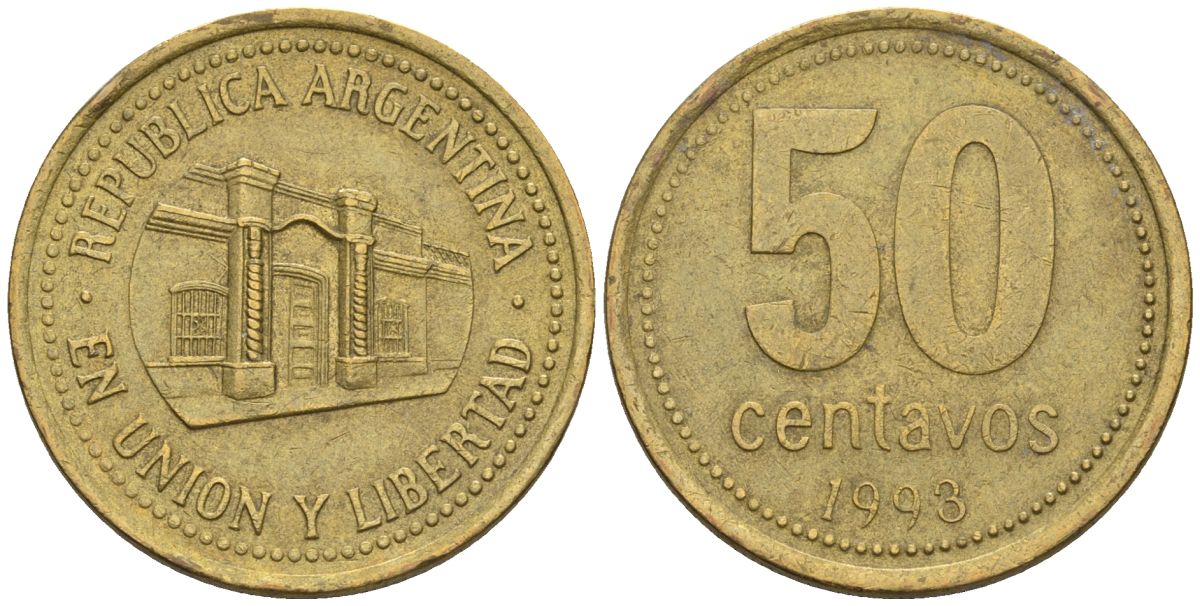 Аргентина 50 сентаво 1993 здание конгресса Тукумана, узкие буквы KM 111.1, CJ 5, Schon 112 алюминиевая бронза    60-447