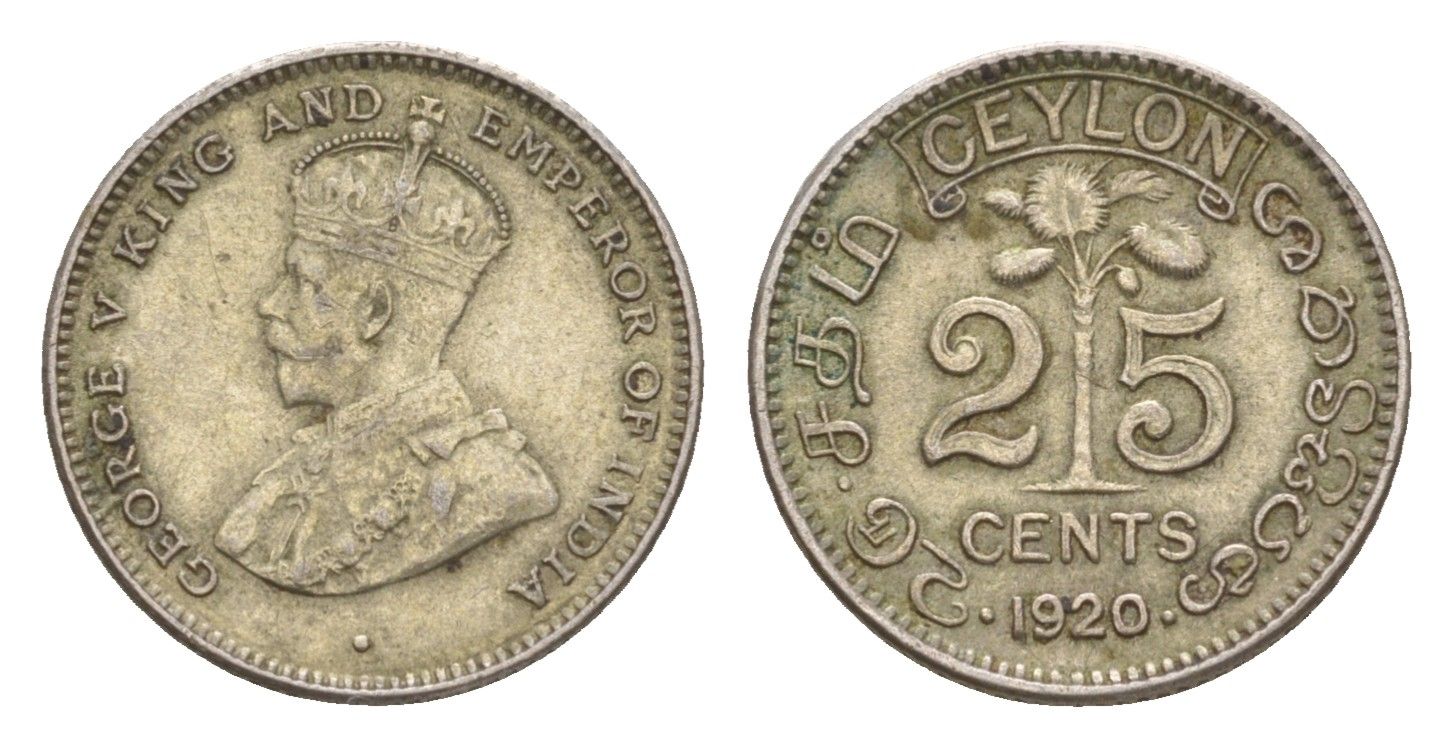 Цейлон 25 центов 1920 Георг V (1910-1936) KM 105a серебро 1531-742