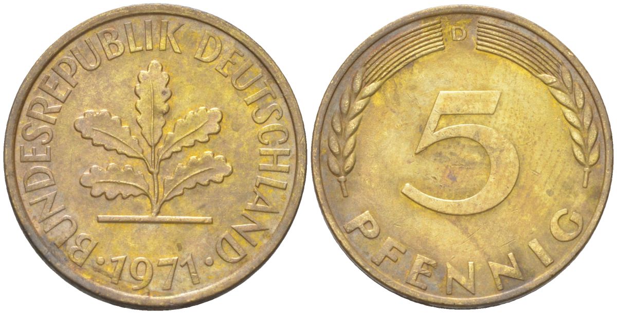 ФРГ 5 пфеннигов 1971 D KM 107 сталь плакированная латунью 4613-1226