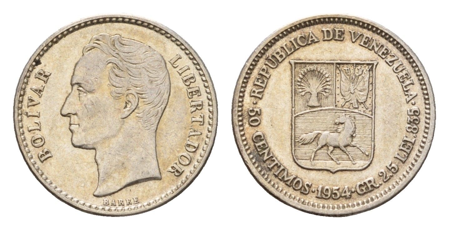 Венесуэла 50 сентимо 1954 год-тип, Симон Боливар Y 36 серебро 4669-634