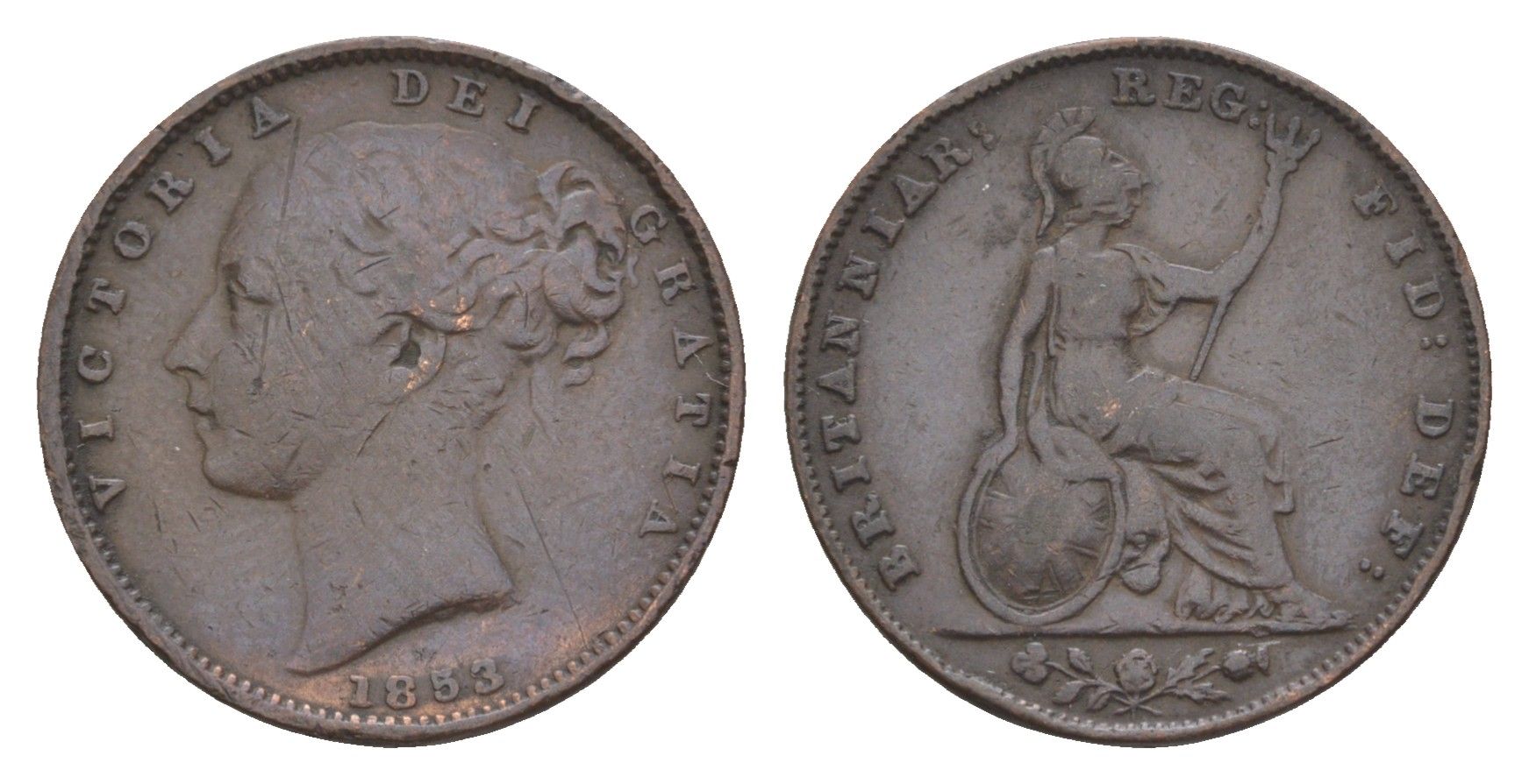 Великобритания 1 фартинг 1853 Виктория (1837-1901) KM 725, Spink 3950 бронза 4658-916