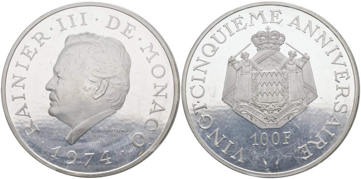 Монако 100 франков 1974 25 лет правления князя Ренье III, запайка, в оригинальной коробке KM 3 серебро PROOF 3-4-7-13