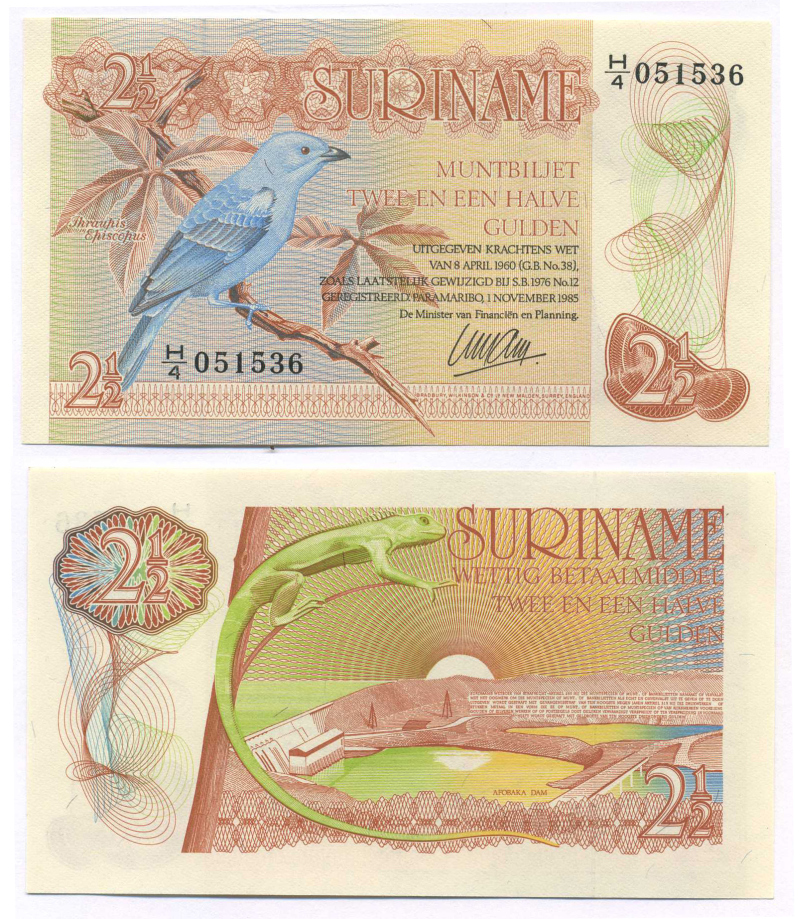 Суринам 2 1/2 гульдена 1985 голубая танагра, дамба Pick 119 a бумага UNC (пресс) 8595-34-2-2