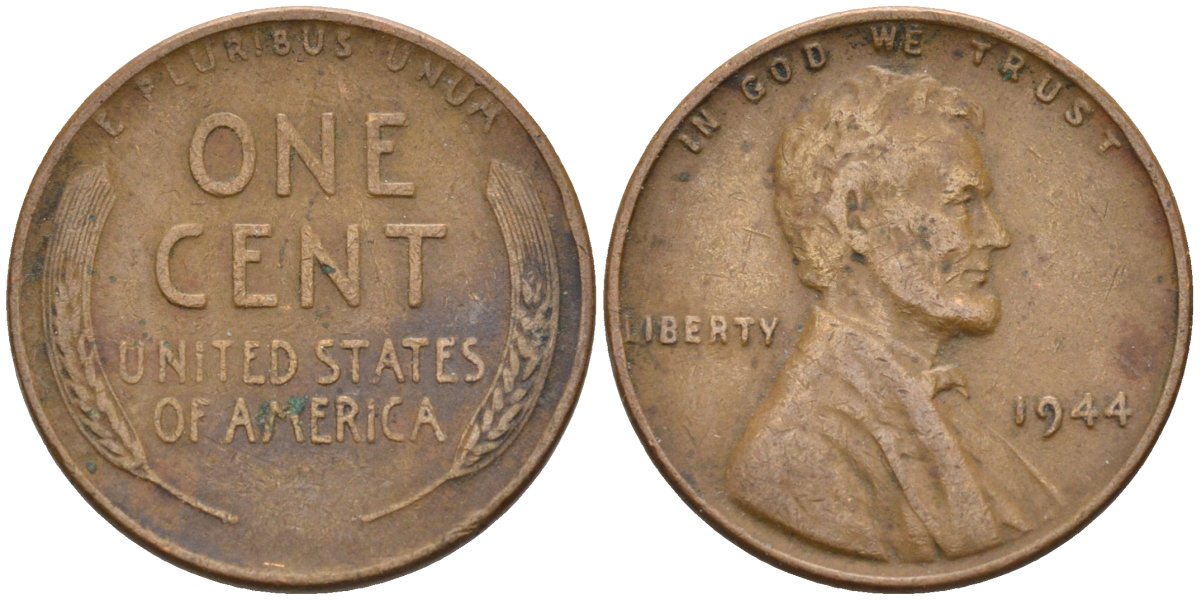 США 1 цент 1944 Линкольн KM А132 медь цинк 4115-766