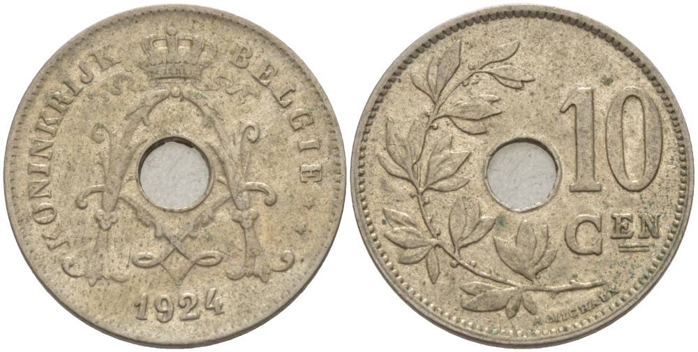 БЕЛЬГИЯ 10 САНТИМОВ 1924 BELGIE KM 86 медно-никель 4544-1217