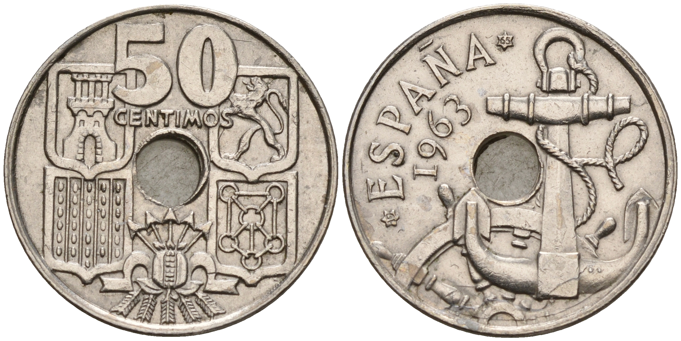 Испания 50 сентимо 1963 (65) Франсиско Франко (1939-1975), морская атрибутика KM 777  медно-никель    4153-154