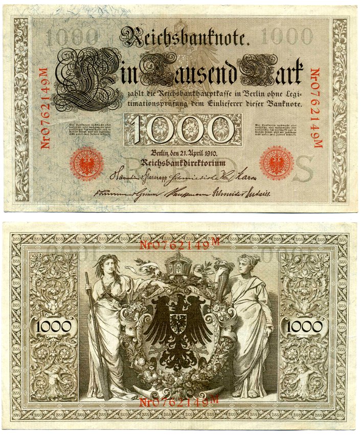 Германия 1000 марок 1910 21 апреля 1910, красная печать, номер семизначный, серия M, буква S, выпуск АВГУСТ 1922 Pick 44, Роземберг 45с бумага VF 8606-40-2-2