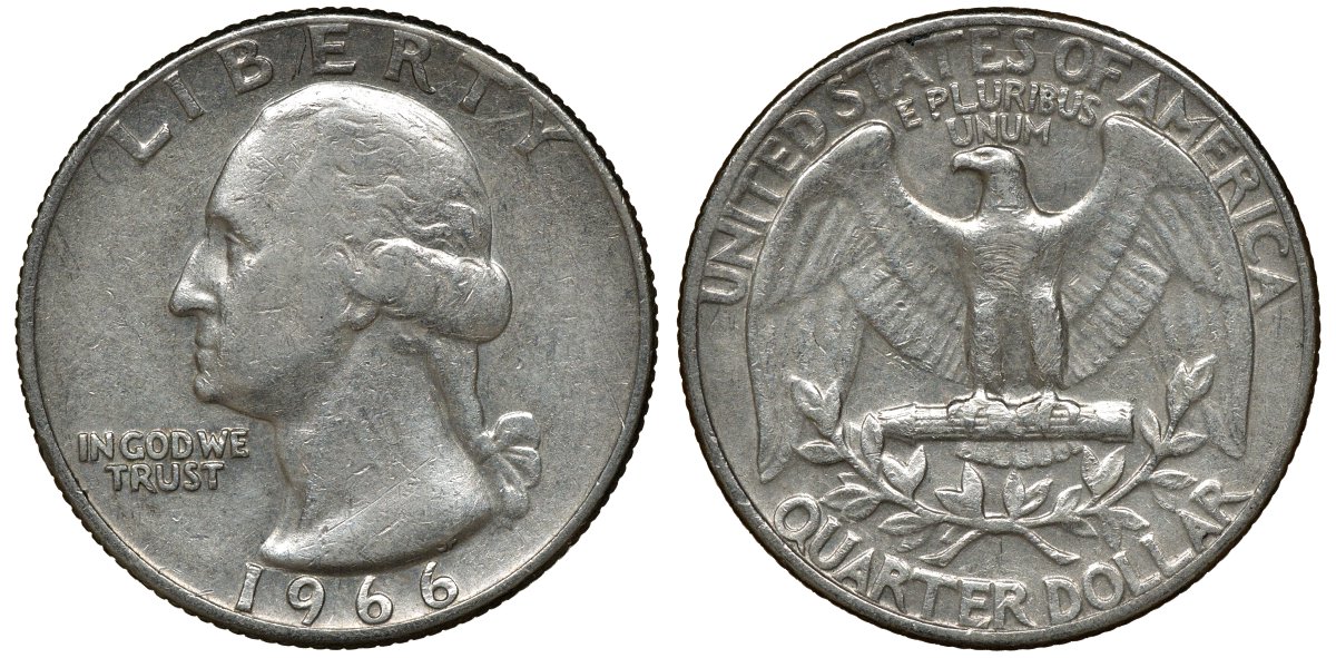 США 25 центов (квотер) 1966 Вашингтон KM 164a медь плакированная медно-никелем 72-937