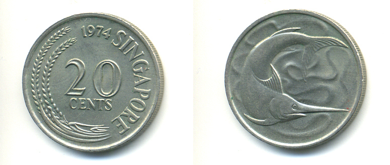 СИНГАПУР 20 ЦЕНТОВ 1974 ГОЛУБОЙ МАРЛИН, ТУНЕЦ KM 4 медно-никель UNC 86-1146