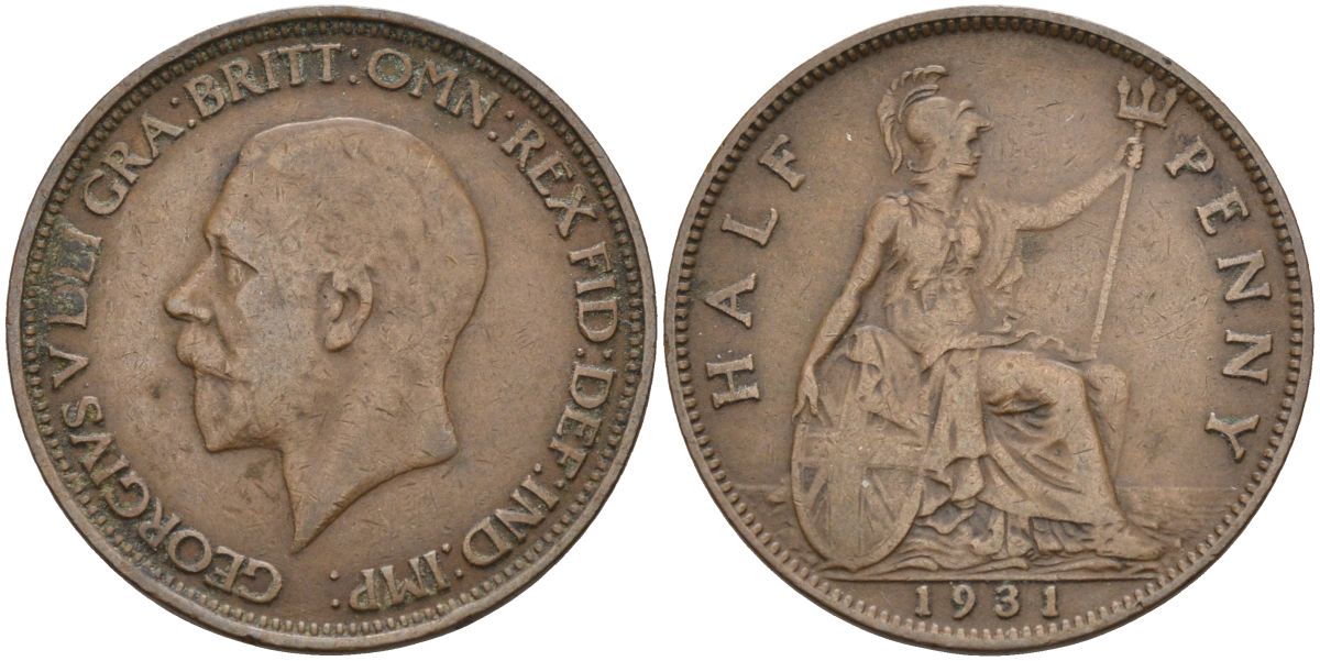 Великобритания 1/2 пенни 1931 Георг V (1910-1936) KM 837, Spink 4058 бронза 4126-744