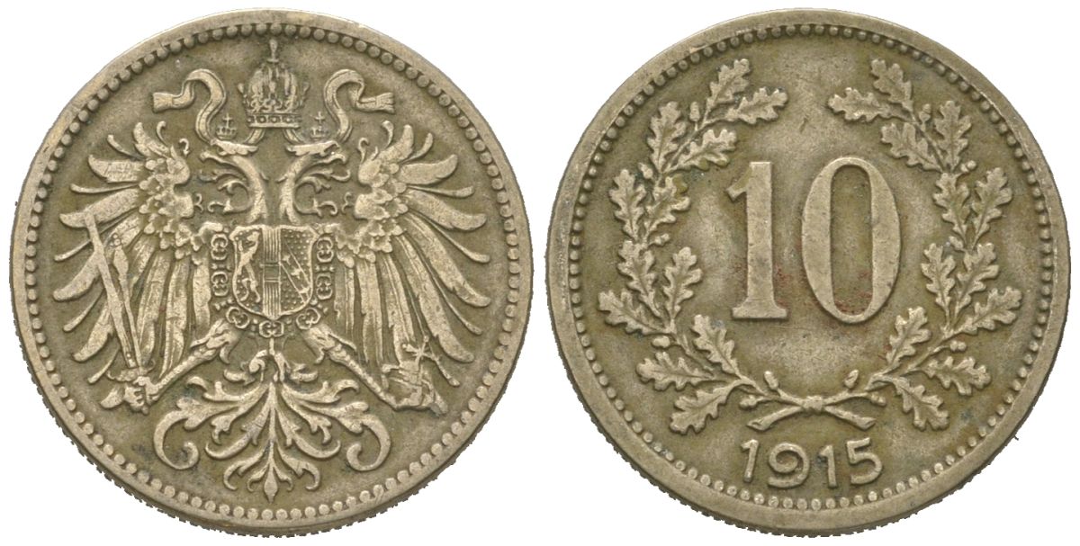 Австрия 10 геллеров 1915 Франц Иосиф I (1848-1916), императорский герб KM 2822 медь цинк никель 4618-666