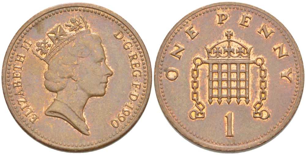 Великобритания 1 пенни 1990 Елизавета II (1952-2022) KM 935, Spink 4381 (B3) бронза 175-613