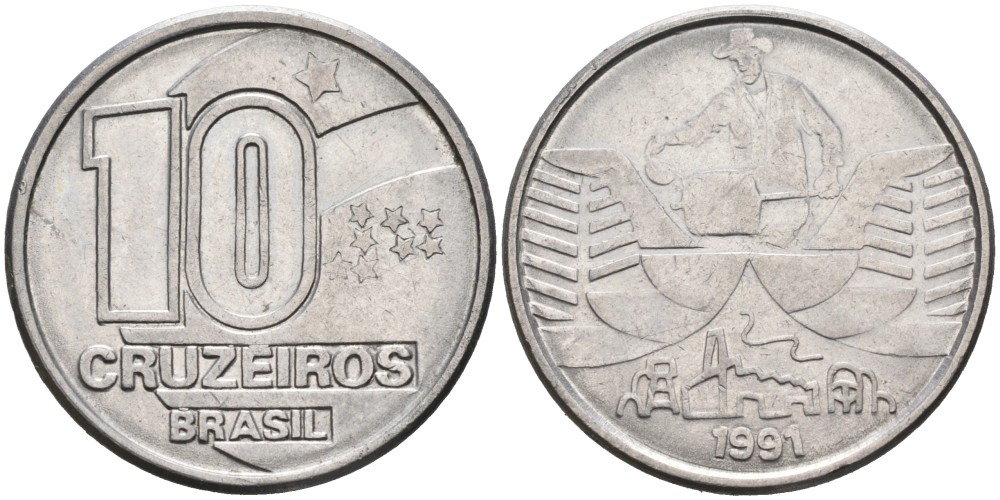 Бразилия 10 крузейро 1991 золотодобыча KM 619.2 нержавеющая сталь 4178-556