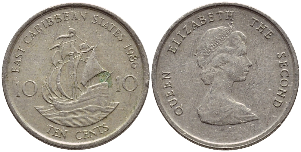 Восточно-Карибские штаты 10 центов 1986 Елизавета II (1952-2022), парусник KM 13 медно-никель 4396-613