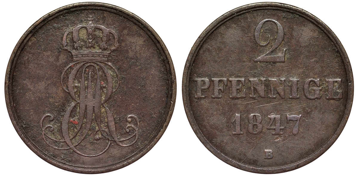 Ганновер 2 пфеннига 1847 B, Эрнст Август (1837-1851) KM 202.1, AKS 124, J. 75 медь 75-1845