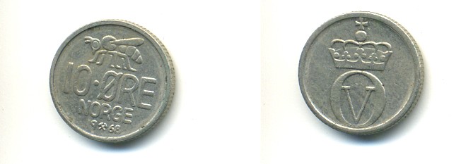 Норвегия 10 эре 1968 пчела, Улаф V (1958-1991) KM 411 медно-никельь 80-854
