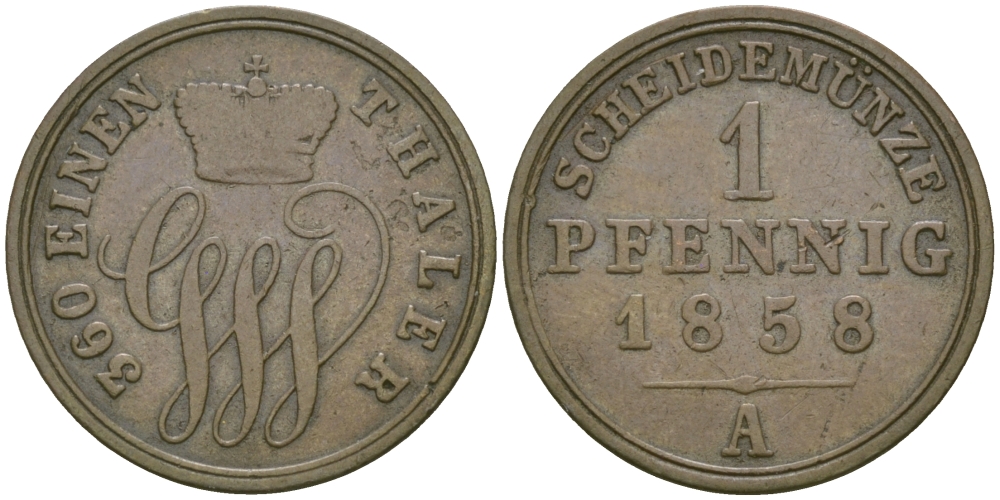 Шаумбург-Липпе 1 пфенниг 1858 А, Георг Вильгельм (1787-1860) KM 38 медь 99-765