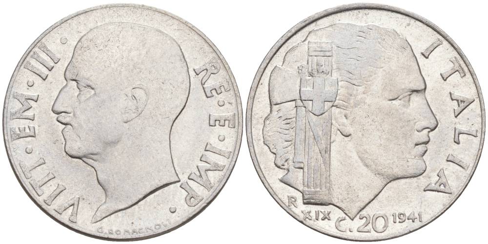 ИТАЛИЯ 20 ЧЕНТЕЗИМО 1941 R, ГОД XIX, ВИКТОР ЭММАНУИЛ III (1900-1946) KM 75b, VEM3. 1028 нержавеющая сталь 3853-856