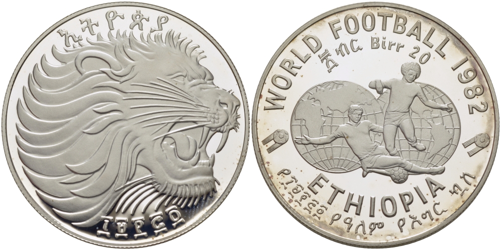 Эфиопия 20 быров 1982 чемпионат мира по футболу в Испании 1982 года KM 65 серебро PROOF 02-208-13