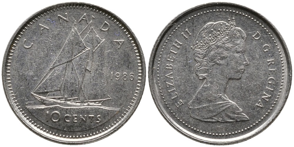 Канада 10 центов 1986 Елизавета II (1952-2022), парусник KM 77.2 никель 4532-832