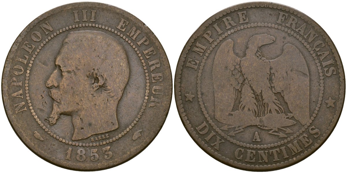 Франция 10 сантимов 1853 A- Париж, Наполеон III (1852 - 1870) KM 771 бронза 4168-141