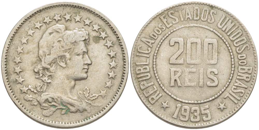 БРАЗИЛИЯ 200 РЕЙС 1935 ГОЛОВА СВОБОДЫ ВПРАВО KM 519 медно-никель 4529-555