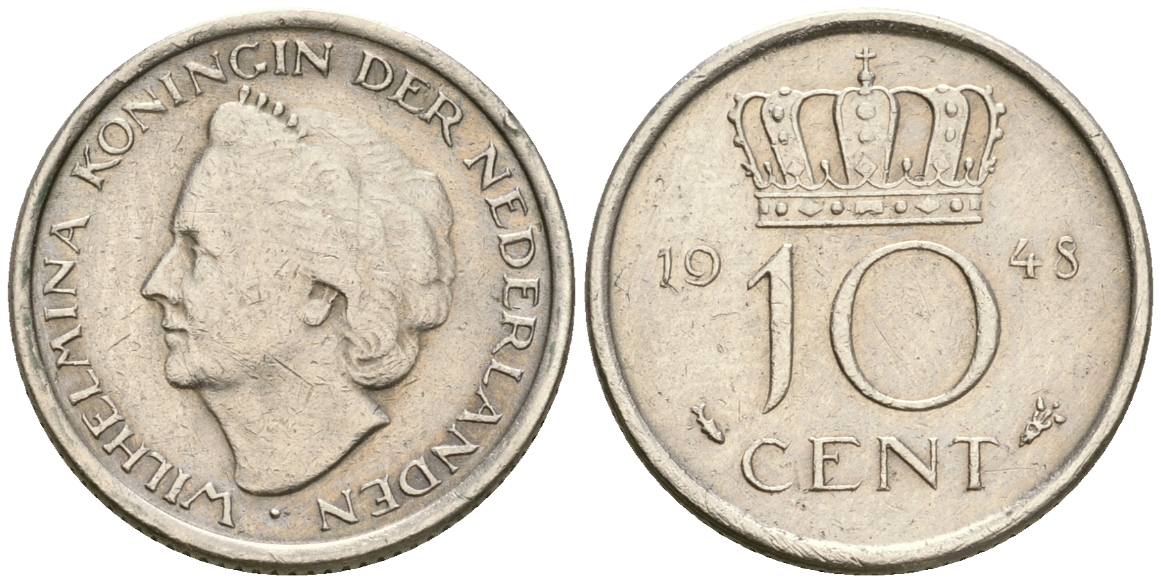 Нидерланды 10 центов 1948 Вильгельмина (1895-1948) KM 177 никель 4364-3639